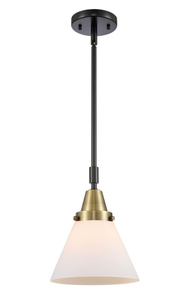 447-1S-BAB-G41 Stem Hung 8" Black Antique Brass Mini Pendant - Matte White Cased Large Cone Glass - LED Bulb - Dimmensions: 8 x 8 x 11.125<br>Minimum Height : 14.125<br>Maximum Height : 44.125 - Sloped Ceiling Compatible: Yes