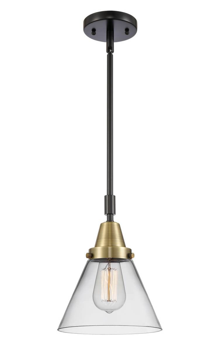 447-1S-BAB-G42 Stem Hung 8" Black Antique Brass Mini Pendant - Clear Large Cone Glass - LED Bulb - Dimmensions: 8 x 8 x 11.125<br>Minimum Height : 14.125<br>Maximum Height : 44.125 - Sloped Ceiling Compatible: Yes