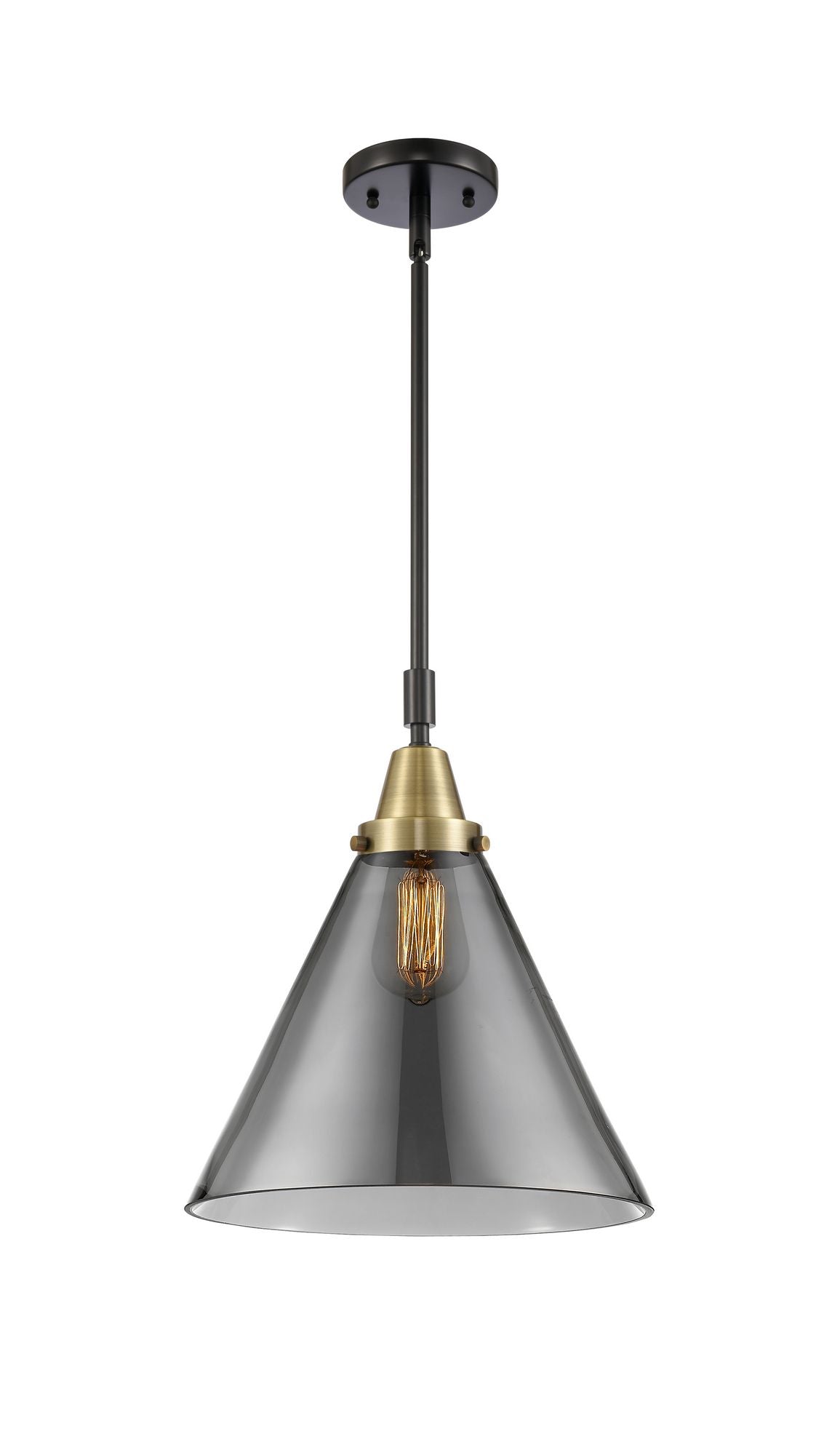 447-1S-BAB-G43-L Stem Hung 12" Black Antique Brass Mini Pendant - Plated Smoke Cone 12" Glass - LED Bulb - Dimmensions: 12 x 12 x 17.125<br>Minimum Height : 20.125<br>Maximum Height : 50.125 - Sloped Ceiling Compatible: Yes