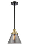 447-1S-BAB-G43 Stem Hung 8" Black Antique Brass Mini Pendant - Plated Smoke Large Cone Glass - LED Bulb - Dimmensions: 8 x 8 x 11.125<br>Minimum Height : 14.125<br>Maximum Height : 44.125 - Sloped Ceiling Compatible: Yes