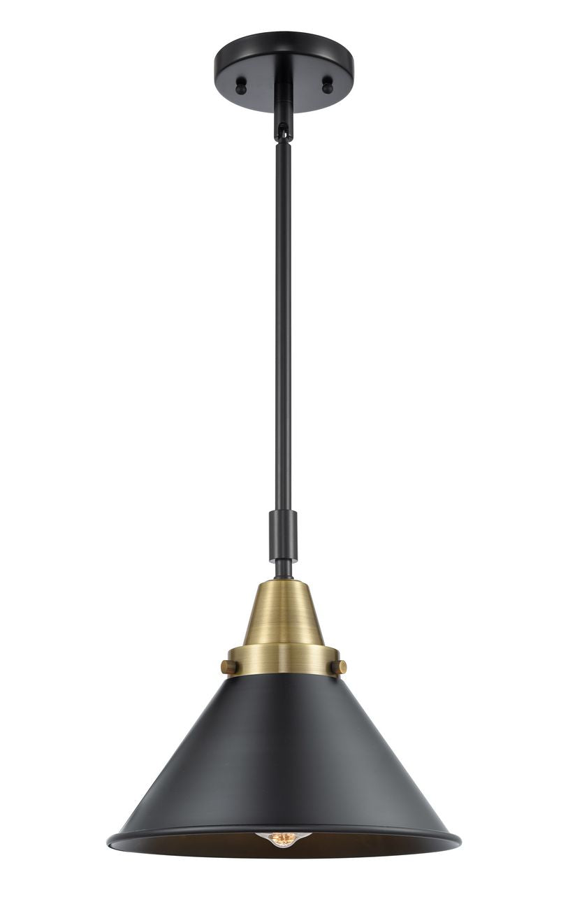 447-1S-BAB-M10-BK Stem Hung 10" Black Antique Brass Mini Pendant - Matte Black Briarcliff Shade - LED Bulb - Dimmensions: 10 x 10 x 11.125<br>Minimum Height : 14.125<br>Maximum Height : 44.125 - Sloped Ceiling Compatible: Yes