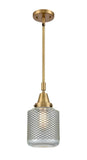 447-1S-BB-G262-LED Stem Hung 6" Stanton Brushed Brass Mini Pendant - Vintage Wire Mesh Stanton Glass