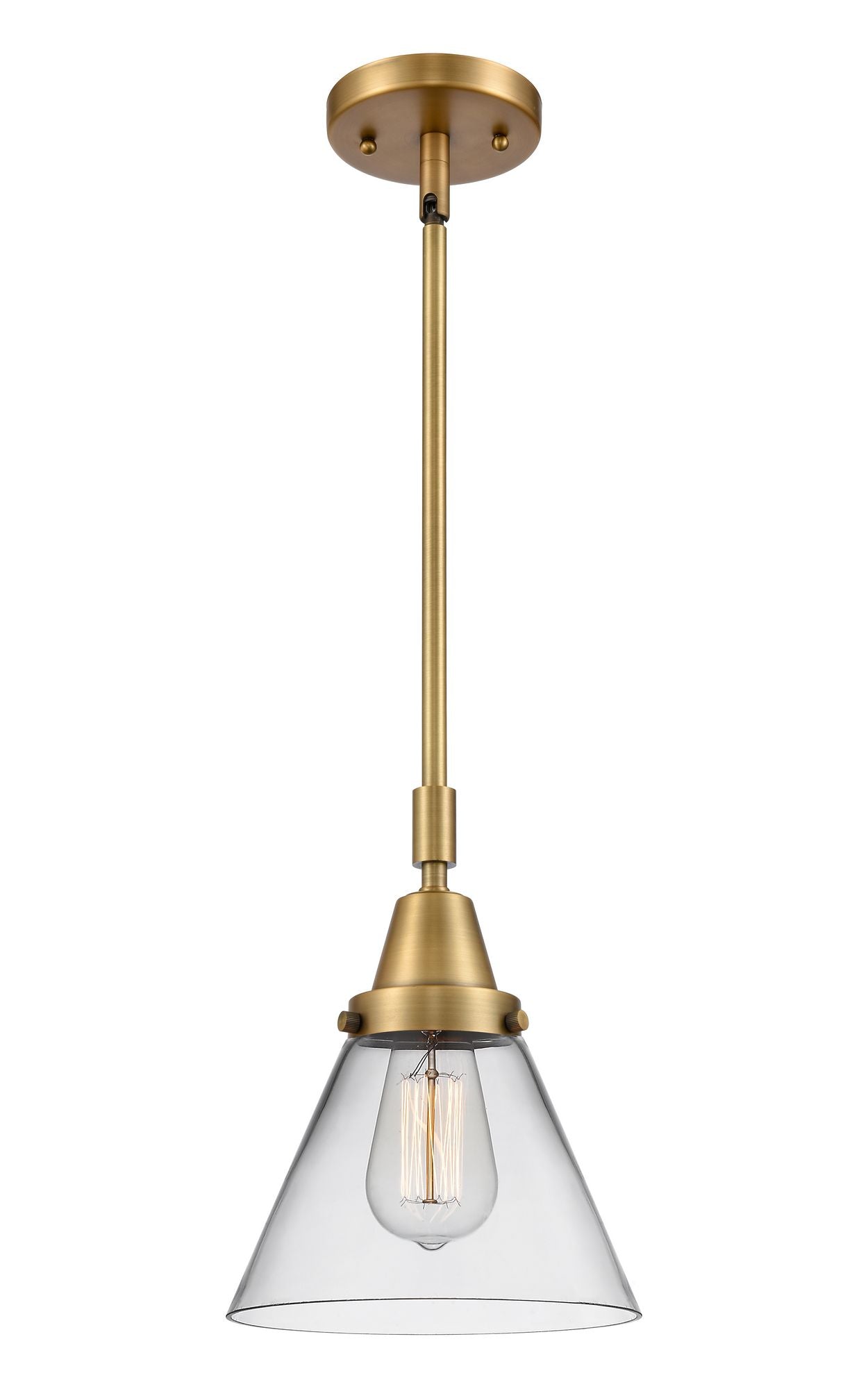 Stem Hung 8" Antique Brass Mini Pendant - Clear Large Cone Glass LED