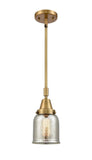 447-1S-BB-G58 Stem Hung 5" Brushed Brass Mini Pendant - Silver Plated Mercury Small Bell Glass - LED Bulb - Dimmensions: 5 x 5 x 11.125<br>Minimum Height : 14.125<br>Maximum Height : 44.125 - Sloped Ceiling Compatible: Yes