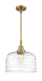 447-1S-BB-G713-L Stem Hung 12" Brushed Brass Mini Pendant - Clear Deco Swirl X-Large Bell Glass - LED Bulb - Dimmensions: 12 x 12 x 14.125<br>Minimum Height : 17.125<br>Maximum Height : 47.125 - Sloped Ceiling Compatible: Yes