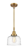 447-1S-BB-G713 Stem Hung 8" Brushed Brass Mini Pendant - Clear Deco Swirl Large Bell Glass - LED Bulb - Dimmensions: 8 x 8 x 11.125<br>Minimum Height : 14.125<br>Maximum Height : 44.125 - Sloped Ceiling Compatible: Yes
