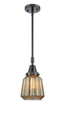 447-1S-BK-G146 Stem Hung 7" Matte Black Mini Pendant - Mercury Plated Chatham Glass - LED Bulb - Dimmensions: 7 x 7 x 9.125<br>Minimum Height : 12.125<br>Maximum Height : 42.125 - Sloped Ceiling Compatible: Yes