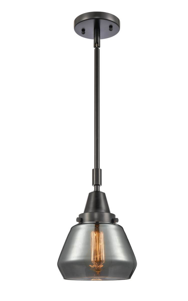 447-1S-BK-G173 Stem Hung 7" Matte Black Mini Pendant - Plated Smoke Fulton Glass - LED Bulb - Dimmensions: 7 x 7 x 10.125<br>Minimum Height : 13.125<br>Maximum Height : 43.125 - Sloped Ceiling Compatible: Yes