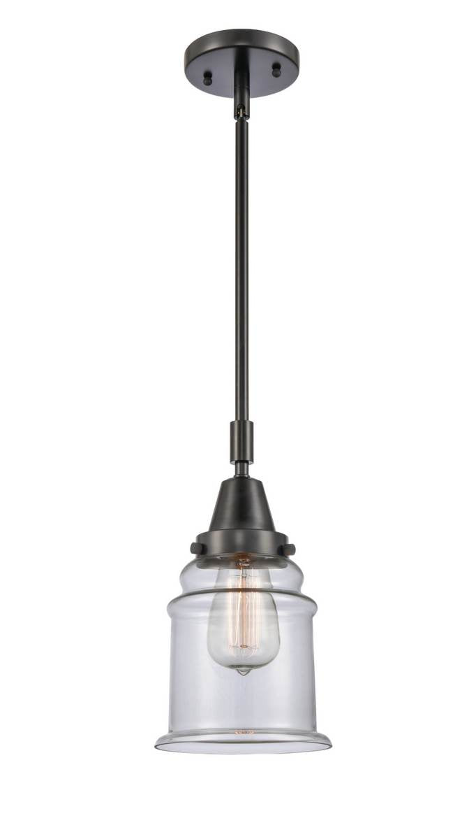 447-1S-BK-G182 Stem Hung 6.5" Matte Black Mini Pendant - Clear Canton Glass - LED Bulb - Dimmensions: 6.5 x 6.5 x 11.125<br>Minimum Height : 14.125<br>Maximum Height : 44.125 - Sloped Ceiling Compatible: Yes