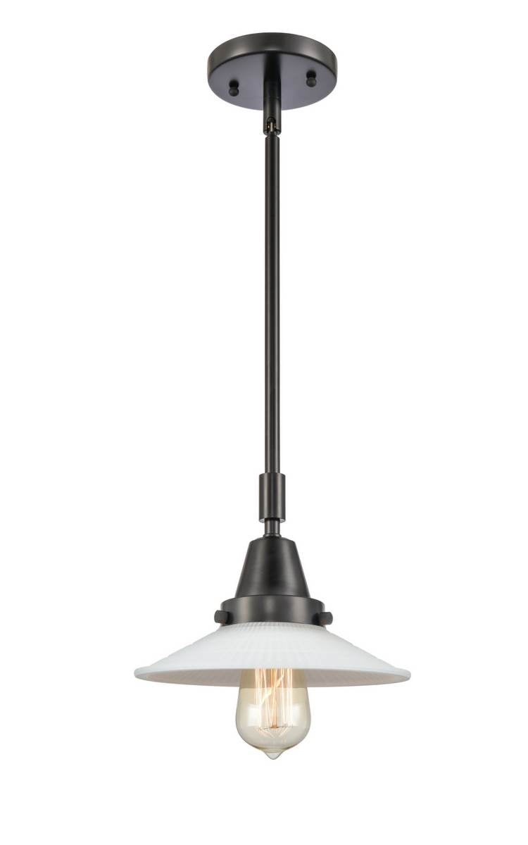 447-1S-BK-G1 Stem Hung 8.5" Matte Black Mini Pendant - White Halophane Glass - LED Bulb - Dimmensions: 8.5 x 8.5 x 9.125<br>Minimum Height : 12.125<br>Maximum Height : 42.125 - Sloped Ceiling Compatible: Yes