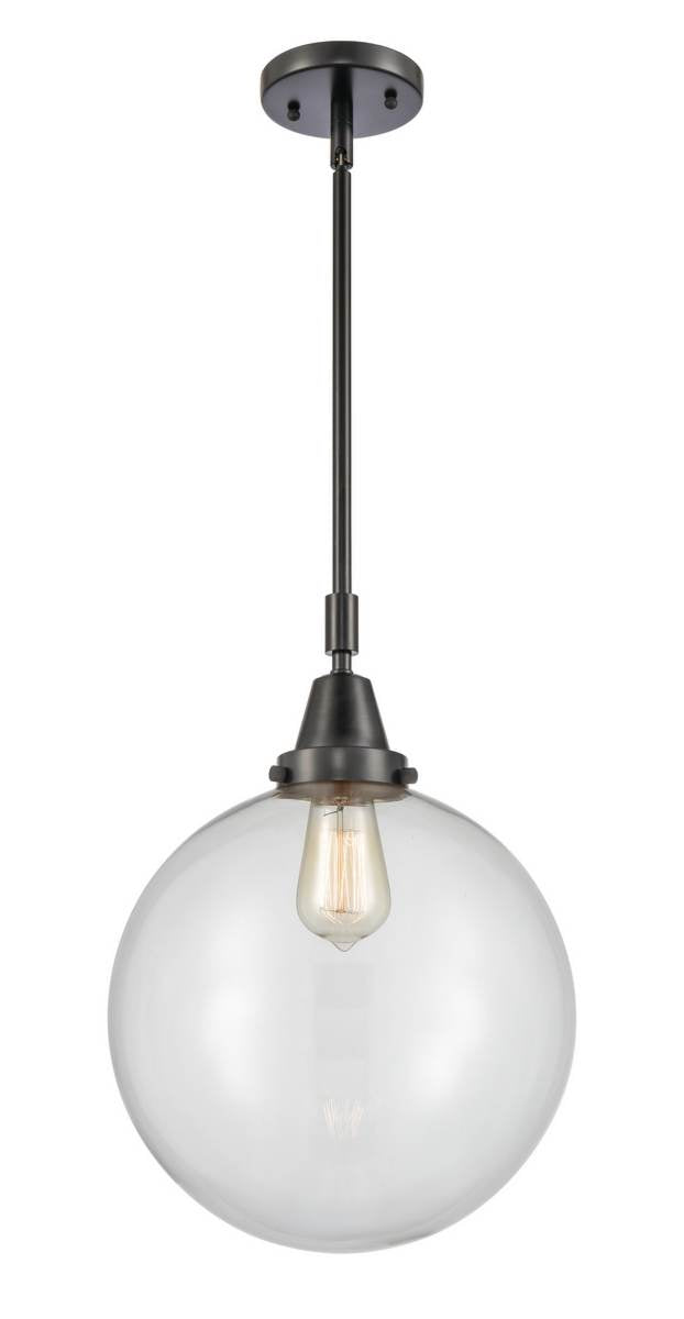 447-1S-BK-G202-12 Stem Hung 12" Matte Black Mini Pendant - Clear Beacon Glass - LED Bulb - Dimmensions: 12 x 12 x 16.125<br>Minimum Height : 19.125<br>Maximum Height : 49.125 - Sloped Ceiling Compatible: Yes