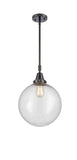 447-1S-BK-G204-12 Stem Hung 12" Matte Black Mini Pendant - Seedy Beacon Glass - LED Bulb - Dimmensions: 12 x 12 x 16.125<br>Minimum Height : 19.125<br>Maximum Height : 49.125 - Sloped Ceiling Compatible: Yes