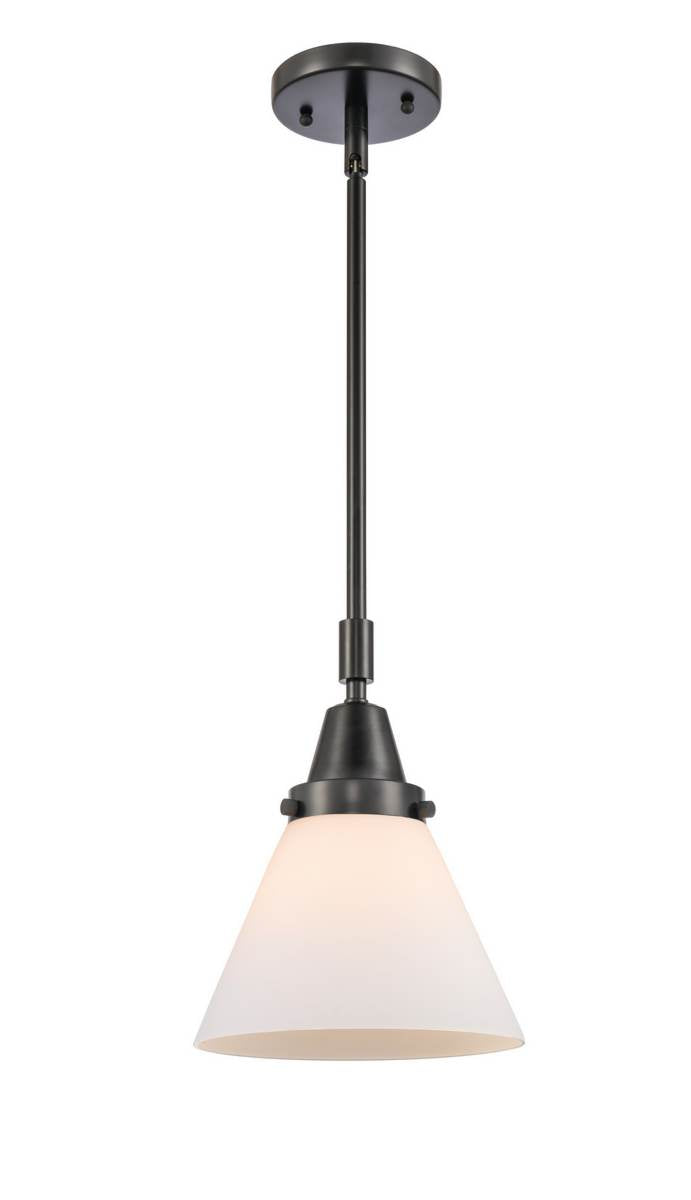 447-1S-BK-G41 Stem Hung 8" Matte Black Mini Pendant - Matte White Cased Large Cone Glass - LED Bulb - Dimmensions: 8 x 8 x 11.125<br>Minimum Height : 14.125<br>Maximum Height : 44.125 - Sloped Ceiling Compatible: Yes