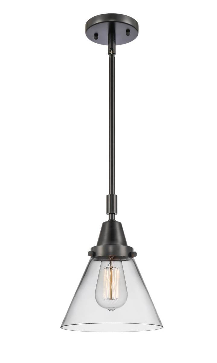447-1S-BK-G42 Stem Hung 8" Matte Black Mini Pendant - Clear Large Cone Glass - LED Bulb - Dimmensions: 8 x 8 x 11.125<br>Minimum Height : 14.125<br>Maximum Height : 44.125 - Sloped Ceiling Compatible: Yes