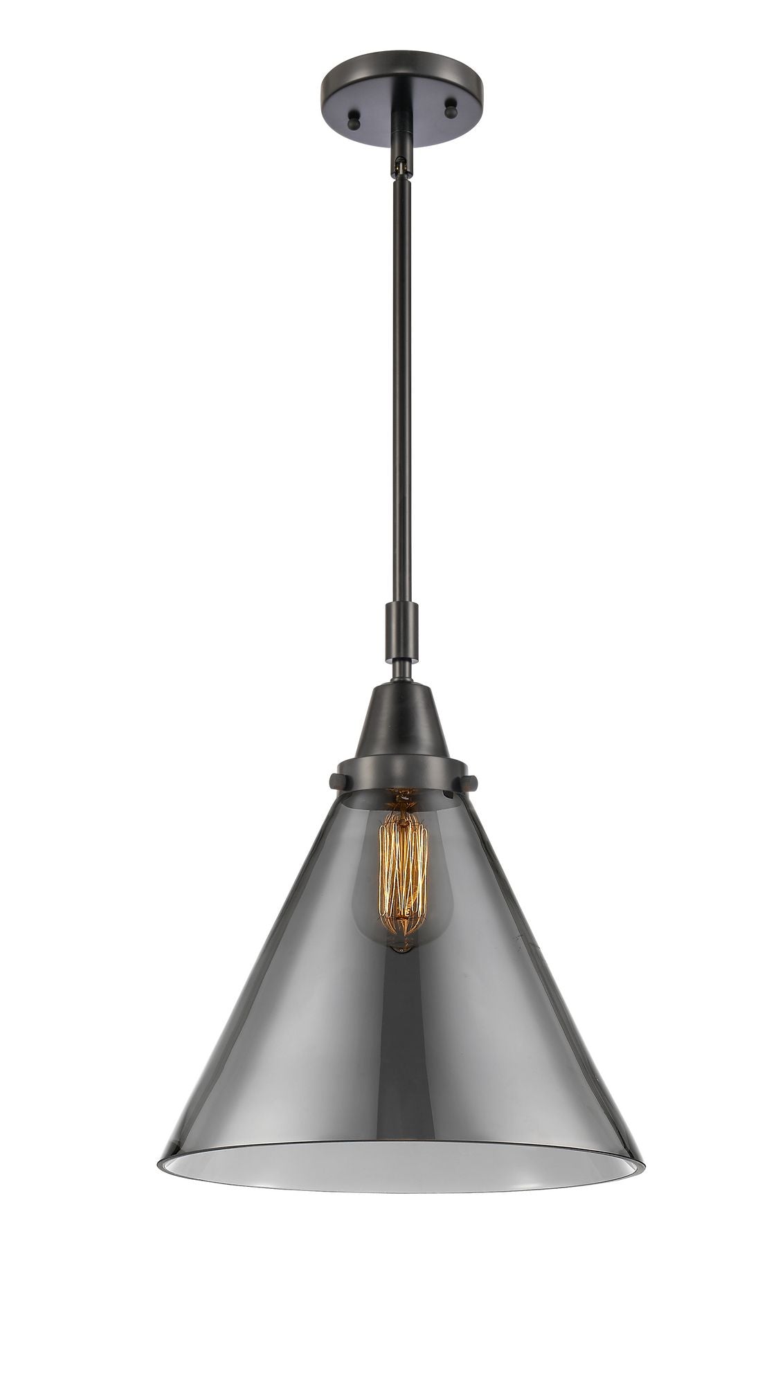 447-1S-BK-G43-L Stem Hung 12" Matte Black Mini Pendant - Plated Smoke Cone 12" Glass - LED Bulb - Dimmensions: 12 x 12 x 17.125<br>Minimum Height : 20.125<br>Maximum Height : 50.125 - Sloped Ceiling Compatible: Yes