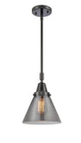 447-1S-BK-G43 Stem Hung 8" Matte Black Mini Pendant - Plated Smoke Large Cone Glass - LED Bulb - Dimmensions: 8 x 8 x 11.125<br>Minimum Height : 14.125<br>Maximum Height : 44.125 - Sloped Ceiling Compatible: Yes