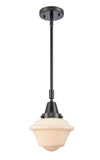447-1S-BK-G531 Stem Hung 7.5" Matte Black Mini Pendant - Matte White Cased Small Oxford Glass - LED Bulb - Dimmensions: 7.5 x 7.5 x 9.125<br>Minimum Height : 12.125<br>Maximum Height : 42.125 - Sloped Ceiling Compatible: Yes