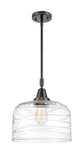 447-1S-BK-G713-L Stem Hung 12" Matte Black Mini Pendant - Clear Deco Swirl X-Large Bell Glass - LED Bulb - Dimmensions: 12 x 12 x 14.125<br>Minimum Height : 17.125<br>Maximum Height : 47.125 - Sloped Ceiling Compatible: Yes