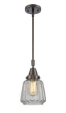 447-1S-OB-G142 Stem Hung 7" Oil Rubbed Bronze Mini Pendant - Clear Chatham Glass - LED Bulb - Dimmensions: 7 x 7 x 9.125<br>Minimum Height : 12.125<br>Maximum Height : 42.125 - Sloped Ceiling Compatible: Yes
