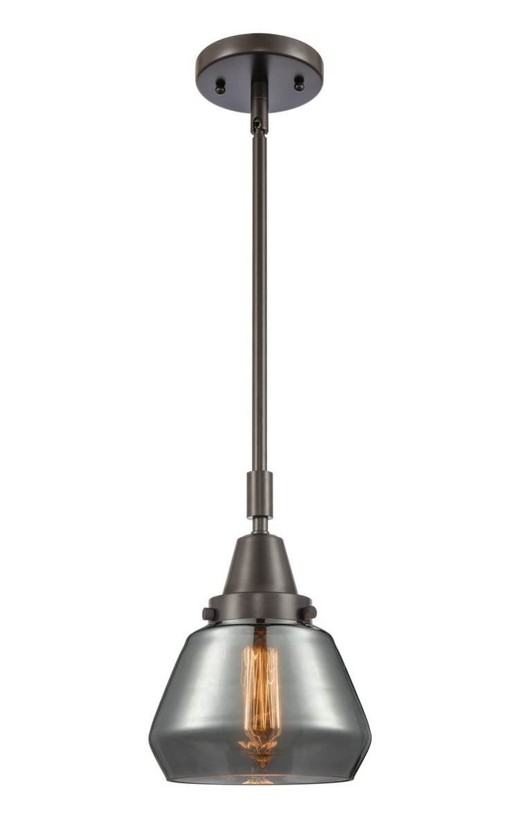 447-1S-OB-G173 Stem Hung 7" Oil Rubbed Bronze Mini Pendant - Plated Smoke Fulton Glass - LED Bulb - Dimmensions: 7 x 7 x 10.125<br>Minimum Height : 13.125<br>Maximum Height : 43.125 - Sloped Ceiling Compatible: Yes
