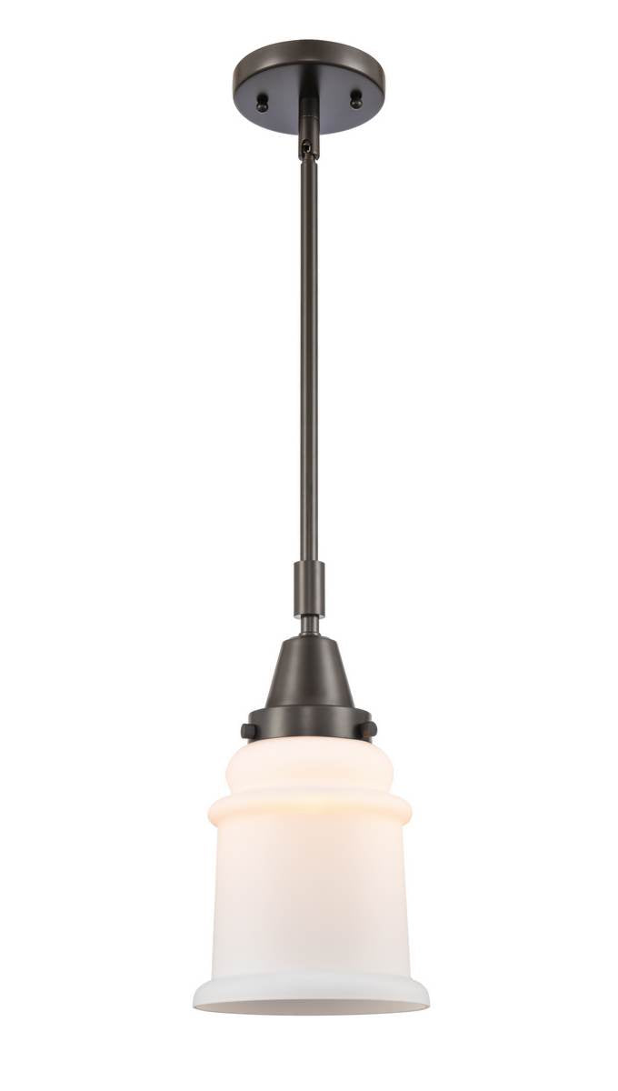 447-1S-OB-G181 Stem Hung 6.5" Oil Rubbed Bronze Mini Pendant - Matte White Canton Glass - LED Bulb - Dimmensions: 6.5 x 6.5 x 11.125<br>Minimum Height : 14.125<br>Maximum Height : 44.125 - Sloped Ceiling Compatible: Yes