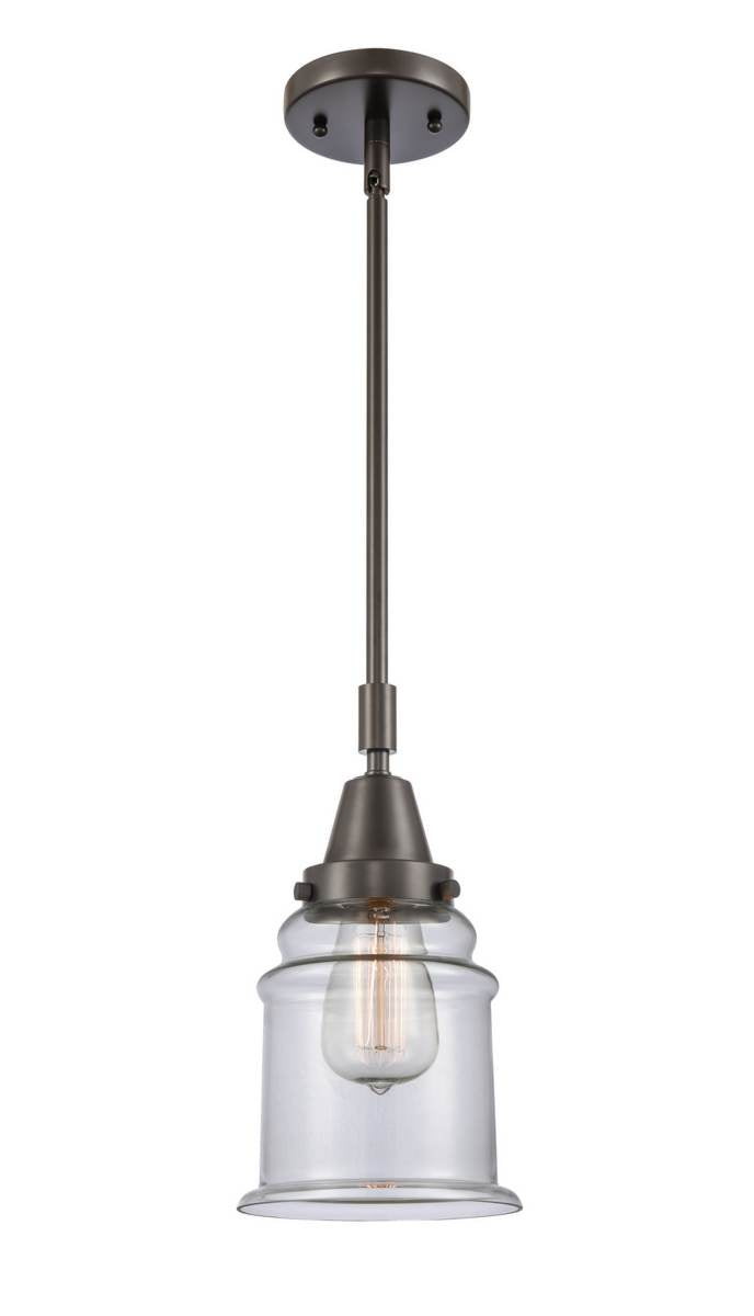 447-1S-OB-G182 Stem Hung 6.5" Oil Rubbed Bronze Mini Pendant - Clear Canton Glass - LED Bulb - Dimmensions: 6.5 x 6.5 x 11.125<br>Minimum Height : 14.125<br>Maximum Height : 44.125 - Sloped Ceiling Compatible: Yes