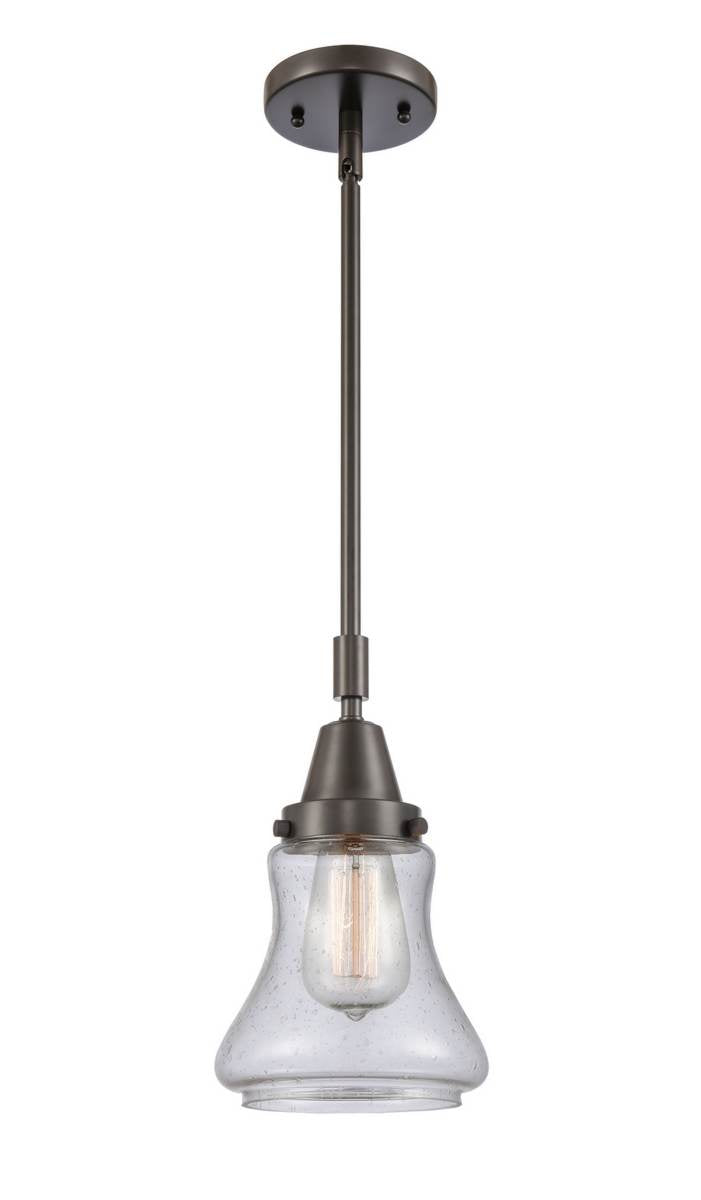447-1S-OB-G194 Stem Hung 6.5" Oil Rubbed Bronze Mini Pendant - Seedy Bellmont Glass - LED Bulb - Dimmensions: 6.5 x 6.5 x 11.125<br>Minimum Height : 14.125<br>Maximum Height : 44.125 - Sloped Ceiling Compatible: Yes