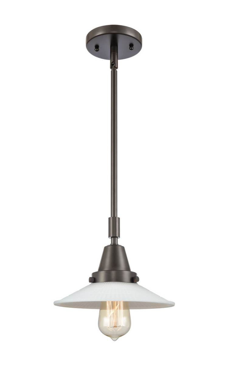 447-1S-OB-G1 Stem Hung 8.5" Oil Rubbed Bronze Mini Pendant - White Halophane Glass - LED Bulb - Dimmensions: 8.5 x 8.5 x 9.125<br>Minimum Height : 12.125<br>Maximum Height : 42.125 - Sloped Ceiling Compatible: Yes