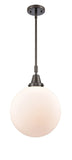 447-1S-OB-G201-12 Stem Hung 12" Oil Rubbed Bronze Mini Pendant - Matte White Cased Beacon Glass - LED Bulb - Dimmensions: 12 x 12 x 16.125<br>Minimum Height : 19.125<br>Maximum Height : 49.125 - Sloped Ceiling Compatible: Yes