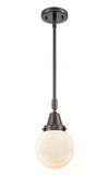447-1S-OB-G201-6 Stem Hung 6" Oil Rubbed Bronze Mini Pendant - Matte White Cased Beacon Glass - LED Bulb - Dimmensions: 6 x 6 x 10.625<br>Minimum Height : 13.625<br>Maximum Height : 43.625 - Sloped Ceiling Compatible: Yes