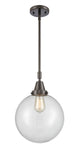 447-1S-OB-G202-10 Stem Hung 10" Oil Rubbed Bronze Mini Pendant - Clear Beacon Glass - LED Bulb - Dimmensions: 10 x 10 x 14.125<br>Minimum Height : 17.125<br>Maximum Height : 47.125 - Sloped Ceiling Compatible: Yes