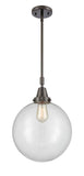 447-1S-OB-G202-12 Stem Hung 12" Oil Rubbed Bronze Mini Pendant - Clear Beacon Glass - LED Bulb - Dimmensions: 12 x 12 x 16.125<br>Minimum Height : 19.125<br>Maximum Height : 49.125 - Sloped Ceiling Compatible: Yes