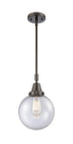 447-1S-OB-G204-8 Stem Hung 8" Oil Rubbed Bronze Mini Pendant - Seedy Beacon Glass - LED Bulb - Dimmensions: 8 x 8 x 12.625<br>Minimum Height : 15.625<br>Maximum Height : 45.625 - Sloped Ceiling Compatible: Yes
