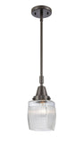 447-1S-OB-G302 Stem Hung 5.5" Oil Rubbed Bronze Mini Pendant - Thick Clear Halophane Colton Glass - LED Bulb - Dimmensions: 5.5 x 5.5 x 9.625<br>Minimum Height : 12.625<br>Maximum Height : 42.625 - Sloped Ceiling Compatible: Yes