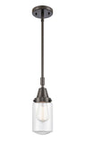 447-1S-OB-G312 Stem Hung 4.5" Oil Rubbed Bronze Mini Pendant - Clear Dover Glass - LED Bulb - Dimmensions: 4.5 x 4.5 x 11.375<br>Minimum Height : 14.375<br>Maximum Height : 44.375 - Sloped Ceiling Compatible: Yes