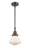 447-1S-OB-G321 Stem Hung 6.75" Oil Rubbed Bronze Mini Pendant - Matte White Olean Glass - LED Bulb - Dimmensions: 6.75 x 6.75 x 8.875<br>Minimum Height : 11.875<br>Maximum Height : 41.875 - Sloped Ceiling Compatible: Yes