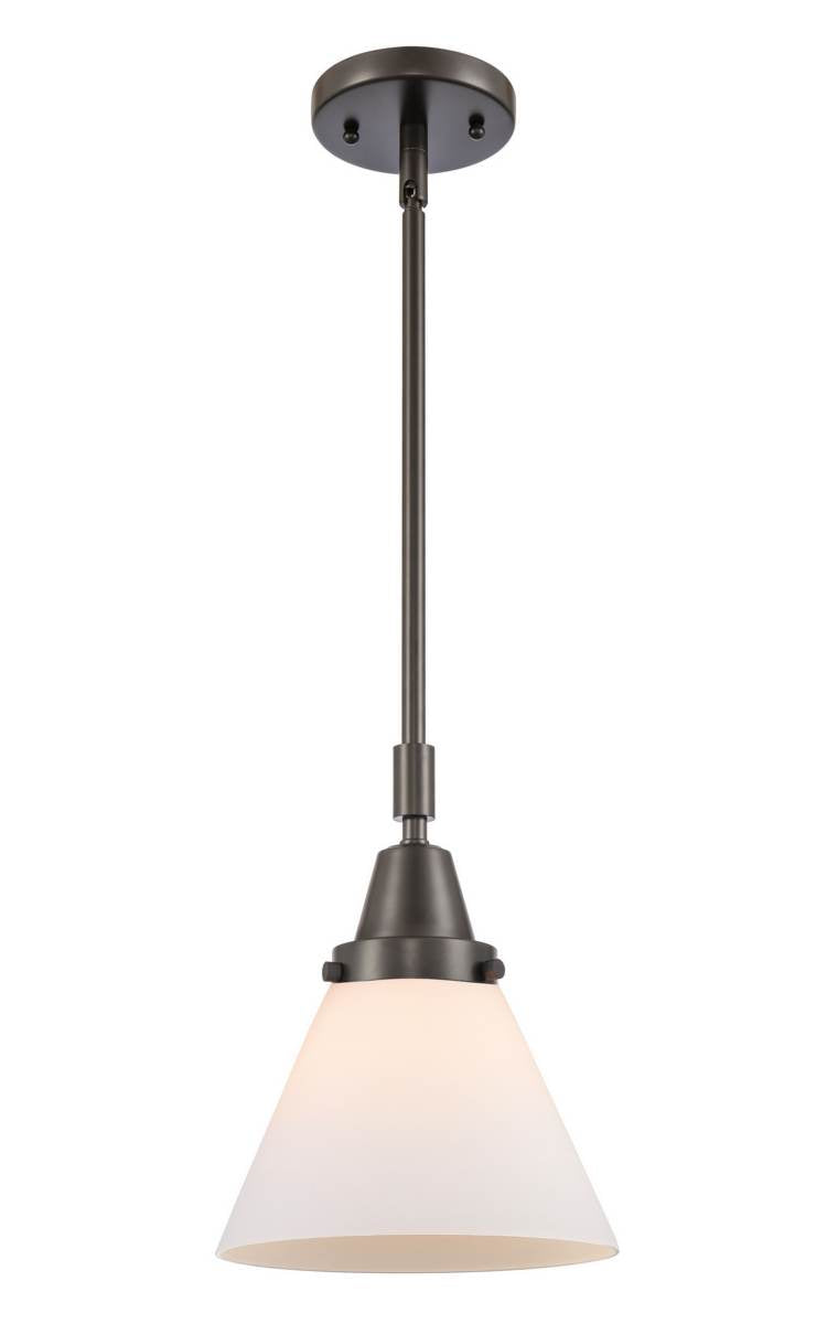447-1S-OB-G41 Stem Hung 8" Oil Rubbed Bronze Mini Pendant - Matte White Cased Large Cone Glass - LED Bulb - Dimmensions: 8 x 8 x 11.125<br>Minimum Height : 14.125<br>Maximum Height : 44.125 - Sloped Ceiling Compatible: Yes
