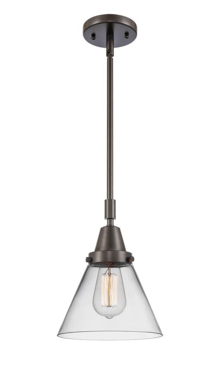 447-1S-OB-G42 Stem Hung 8" Oil Rubbed Bronze Mini Pendant - Clear Large Cone Glass - LED Bulb - Dimmensions: 8 x 8 x 11.125<br>Minimum Height : 14.125<br>Maximum Height : 44.125 - Sloped Ceiling Compatible: Yes