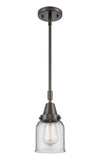 447-1S-OB-G52 Stem Hung 5" Oil Rubbed Bronze Mini Pendant - Clear Small Bell Glass - LED Bulb - Dimmensions: 5 x 5 x 11.125<br>Minimum Height : 14.125<br>Maximum Height : 44.125 - Sloped Ceiling Compatible: Yes