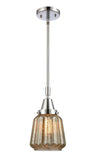 447-1S-PC-G146 Stem Hung 7" Polished Chrome Mini Pendant - Mercury Plated Chatham Glass - LED Bulb - Dimmensions: 7 x 7 x 9.125<br>Minimum Height : 12.125<br>Maximum Height : 42.125 - Sloped Ceiling Compatible: Yes