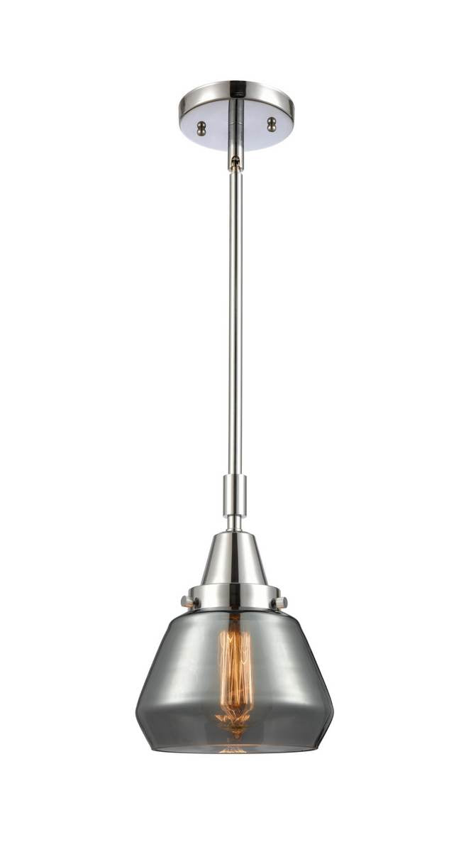 447-1S-PC-G173 Stem Hung 7" Polished Chrome Mini Pendant - Plated Smoke Fulton Glass - LED Bulb - Dimmensions: 7 x 7 x 10.125<br>Minimum Height : 13.125<br>Maximum Height : 43.125 - Sloped Ceiling Compatible: Yes