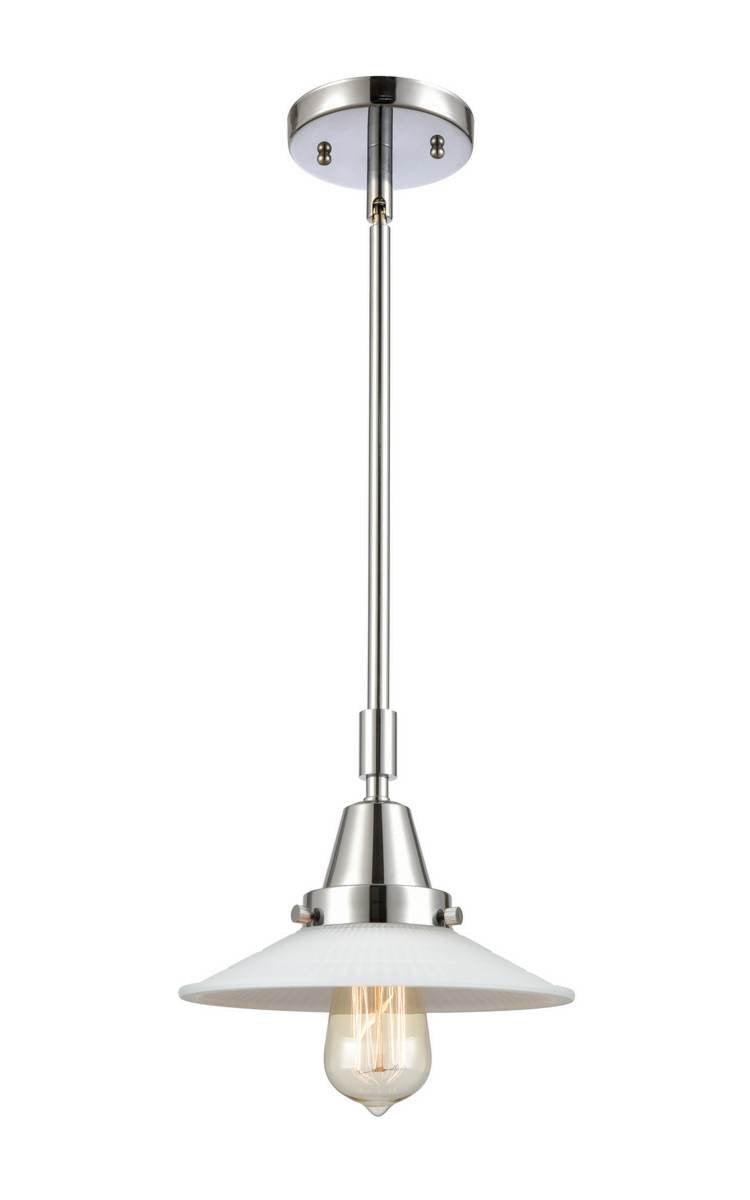 447-1S-PC-G1 Stem Hung 8.5" Polished Chrome Mini Pendant - White Halophane Glass - LED Bulb - Dimmensions: 8.5 x 8.5 x 9.125<br>Minimum Height : 12.125<br>Maximum Height : 42.125 - Sloped Ceiling Compatible: Yes