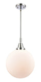 447-1S-PC-G201-12 Stem Hung 12" Polished Chrome Mini Pendant - Matte White Cased Beacon Glass - LED Bulb - Dimmensions: 12 x 12 x 16.125<br>Minimum Height : 19.125<br>Maximum Height : 49.125 - Sloped Ceiling Compatible: Yes