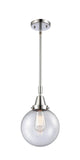 447-1S-PC-G204-8 Stem Hung 8" Polished Chrome Mini Pendant - Seedy Beacon Glass - LED Bulb - Dimmensions: 8 x 8 x 12.625<br>Minimum Height : 15.625<br>Maximum Height : 45.625 - Sloped Ceiling Compatible: Yes