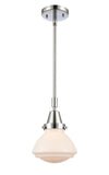 447-1S-PC-G321 Stem Hung 6.75" Polished Chrome Mini Pendant - Matte White Olean Glass - LED Bulb - Dimmensions: 6.75 x 6.75 x 8.875<br>Minimum Height : 11.875<br>Maximum Height : 41.875 - Sloped Ceiling Compatible: Yes