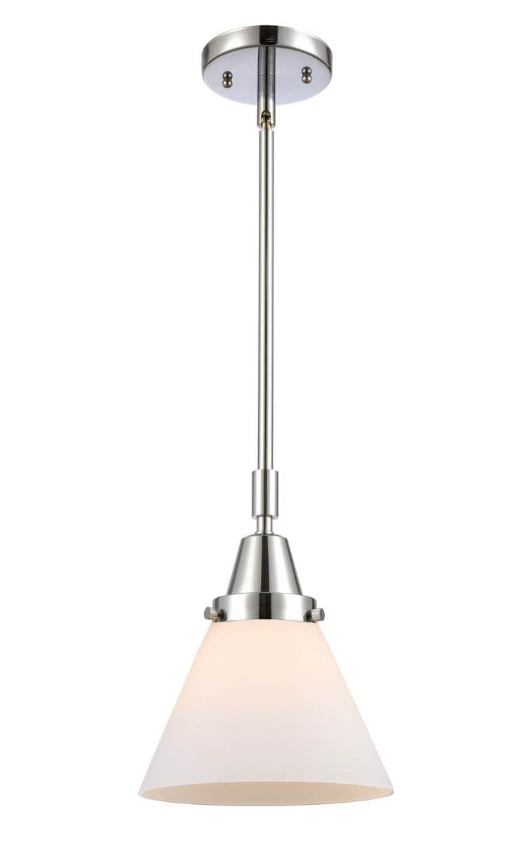 447-1S-PC-G41 Stem Hung 8" Polished Chrome Mini Pendant - Matte White Cased Large Cone Glass - LED Bulb - Dimmensions: 8 x 8 x 11.125<br>Minimum Height : 14.125<br>Maximum Height : 44.125 - Sloped Ceiling Compatible: Yes