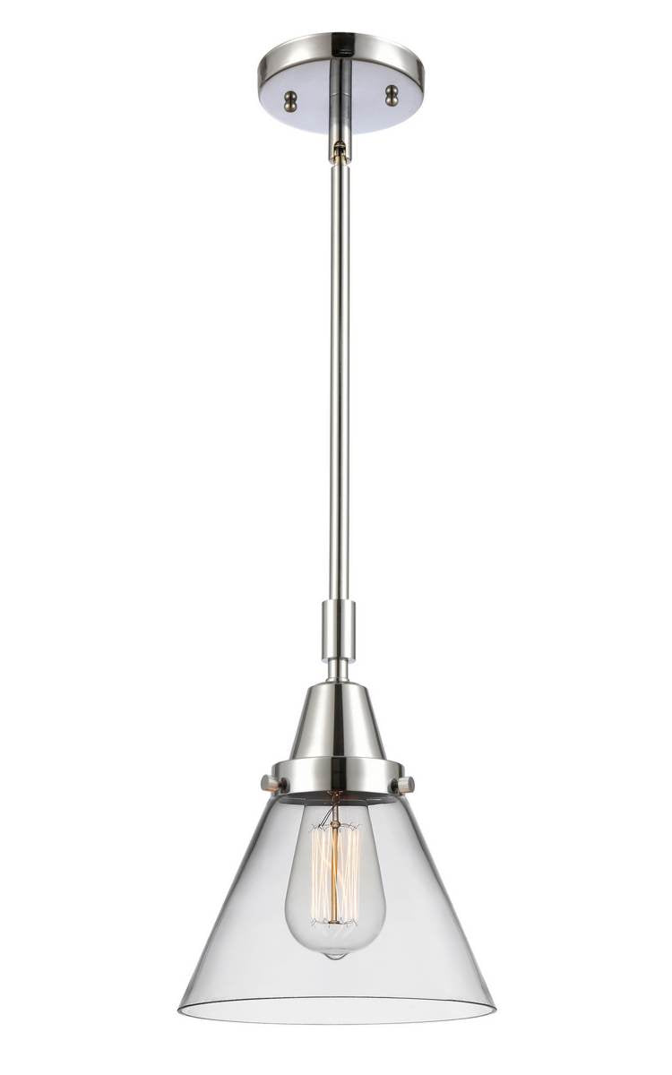 447-1S-PC-G42 Stem Hung 8" Polished Chrome Mini Pendant - Clear Large Cone Glass - LED Bulb - Dimmensions: 8 x 8 x 11.125<br>Minimum Height : 14.125<br>Maximum Height : 44.125 - Sloped Ceiling Compatible: Yes
