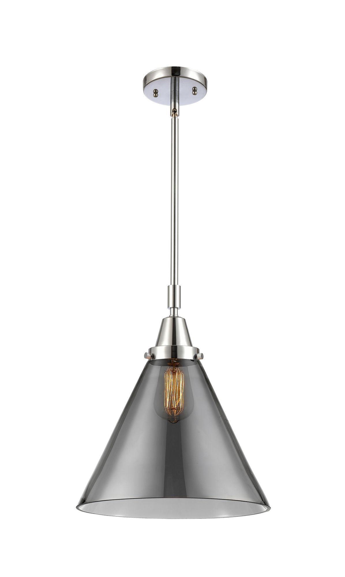 447-1S-PC-G43-L Stem Hung 12" Polished Chrome Mini Pendant - Plated Smoke Cone 12" Glass - LED Bulb - Dimmensions: 12 x 12 x 17.125<br>Minimum Height : 20.125<br>Maximum Height : 50.125 - Sloped Ceiling Compatible: Yes