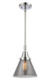 447-1S-PC-G43 Stem Hung 8" Polished Chrome Mini Pendant - Plated Smoke Large Cone Glass - LED Bulb - Dimmensions: 8 x 8 x 11.125<br>Minimum Height : 14.125<br>Maximum Height : 44.125 - Sloped Ceiling Compatible: Yes