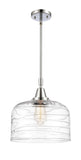447-1S-PC-G713-L Stem Hung 12" Polished Chrome Mini Pendant - Clear Deco Swirl X-Large Bell Glass - LED Bulb - Dimmensions: 12 x 12 x 14.125<br>Minimum Height : 17.125<br>Maximum Height : 47.125 - Sloped Ceiling Compatible: Yes